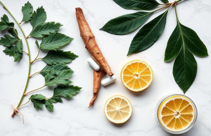 Ginseng gyökér, kapszulák, zöld levelek és citrusfélék fehér felületen